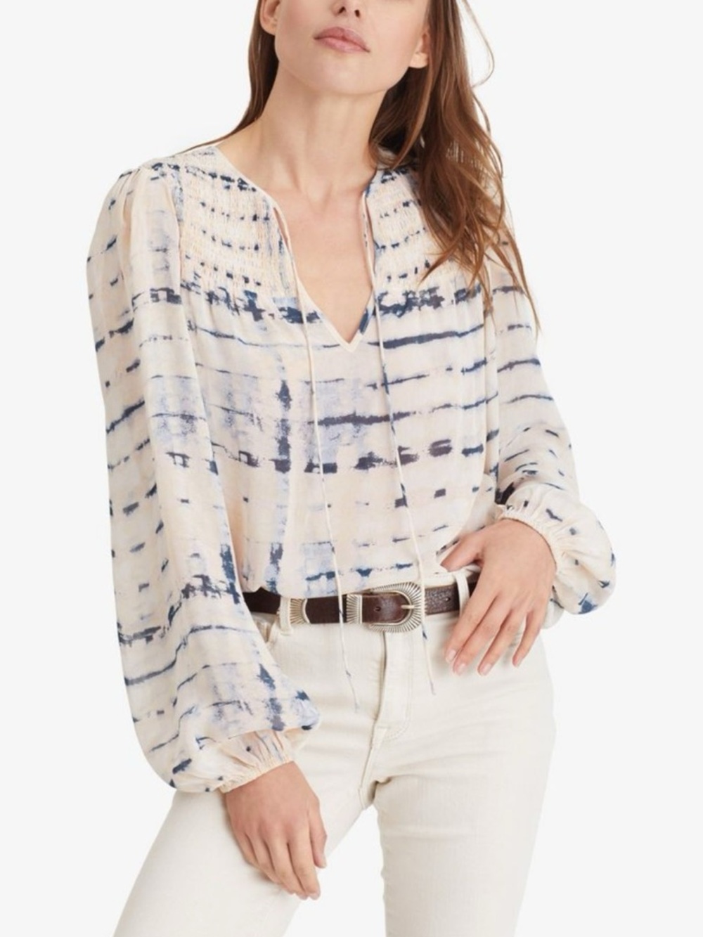Sanctuary Women's Blue and Cream Tie-Dye Horizon Peasant Blouse XXS Flowy Boho